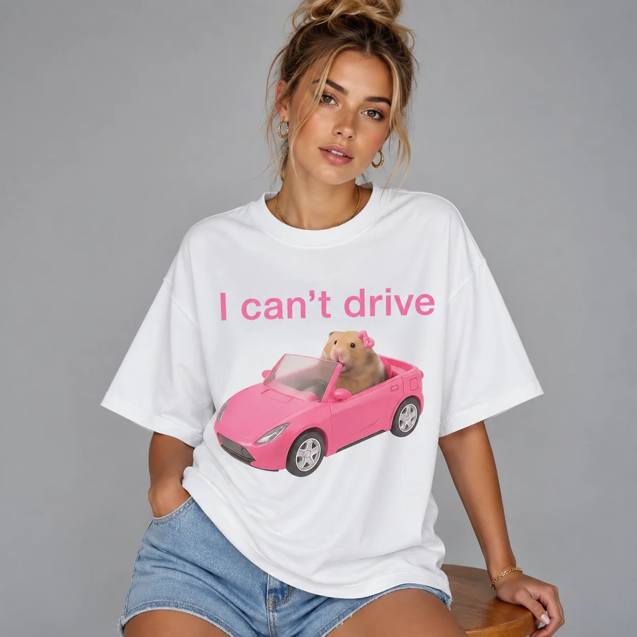 Fashionable “I Can Drive” Funny Hamster Print T-Shirt for Women: Casual Short-Sleeve Harajuku-Style Streetwear T-Shirt
