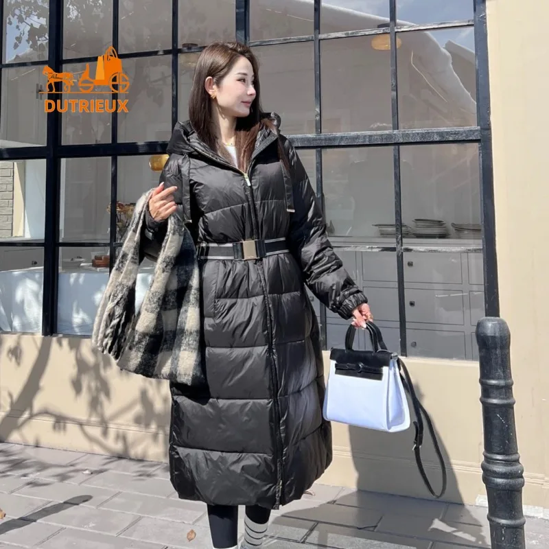 New Winter Coat , Simple and Elegant Hooded Long Waisted Grey Goose Down Jacket for Women , Warm and Windproof Jacket for Party