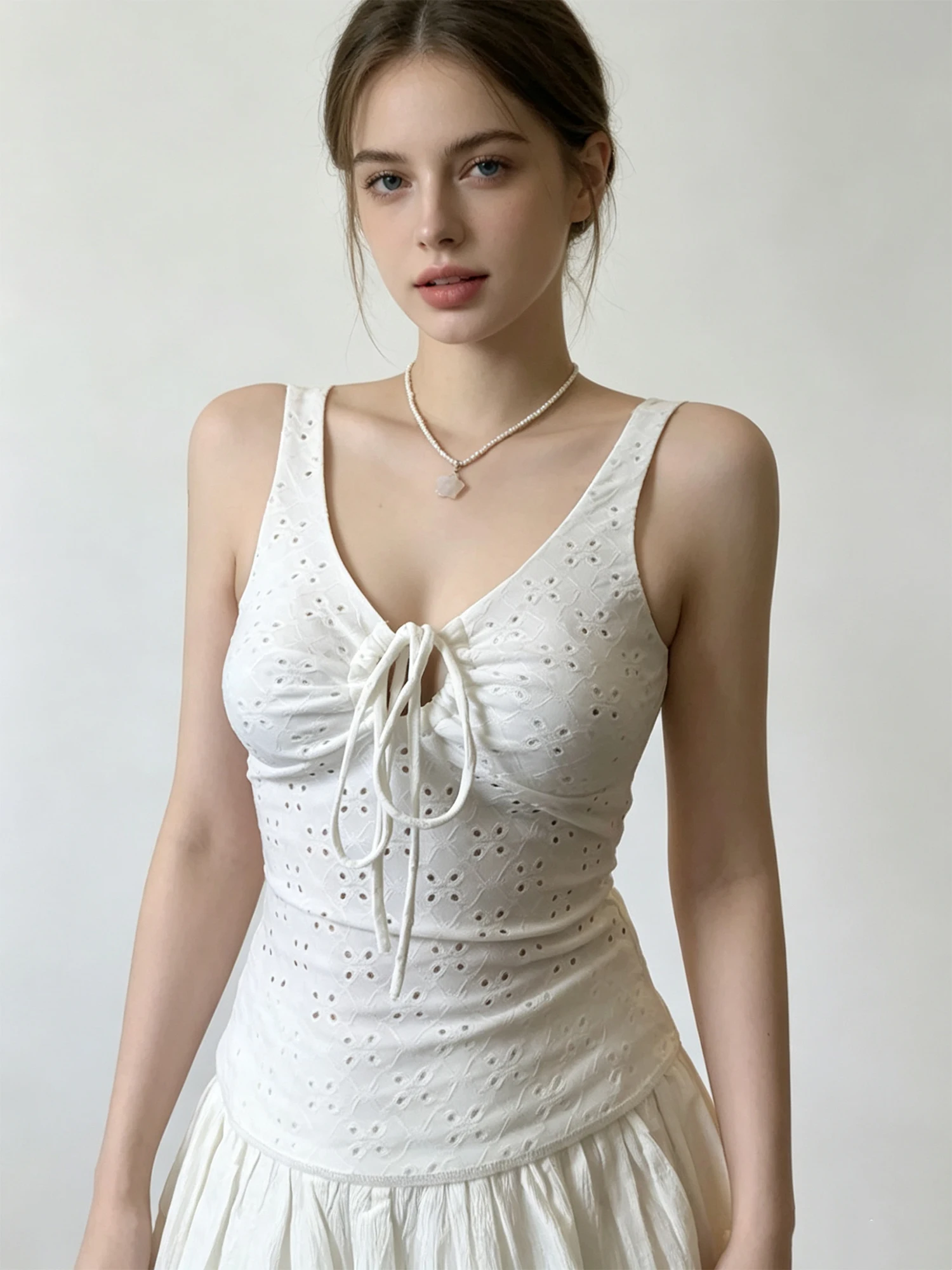 Women White Crop Top Jacquard Hollow Out Solid V-neck Cami Top Retro Y2K Sexy Camisole Y2K Gyaru Sleeveless Tank Top Summer 2026