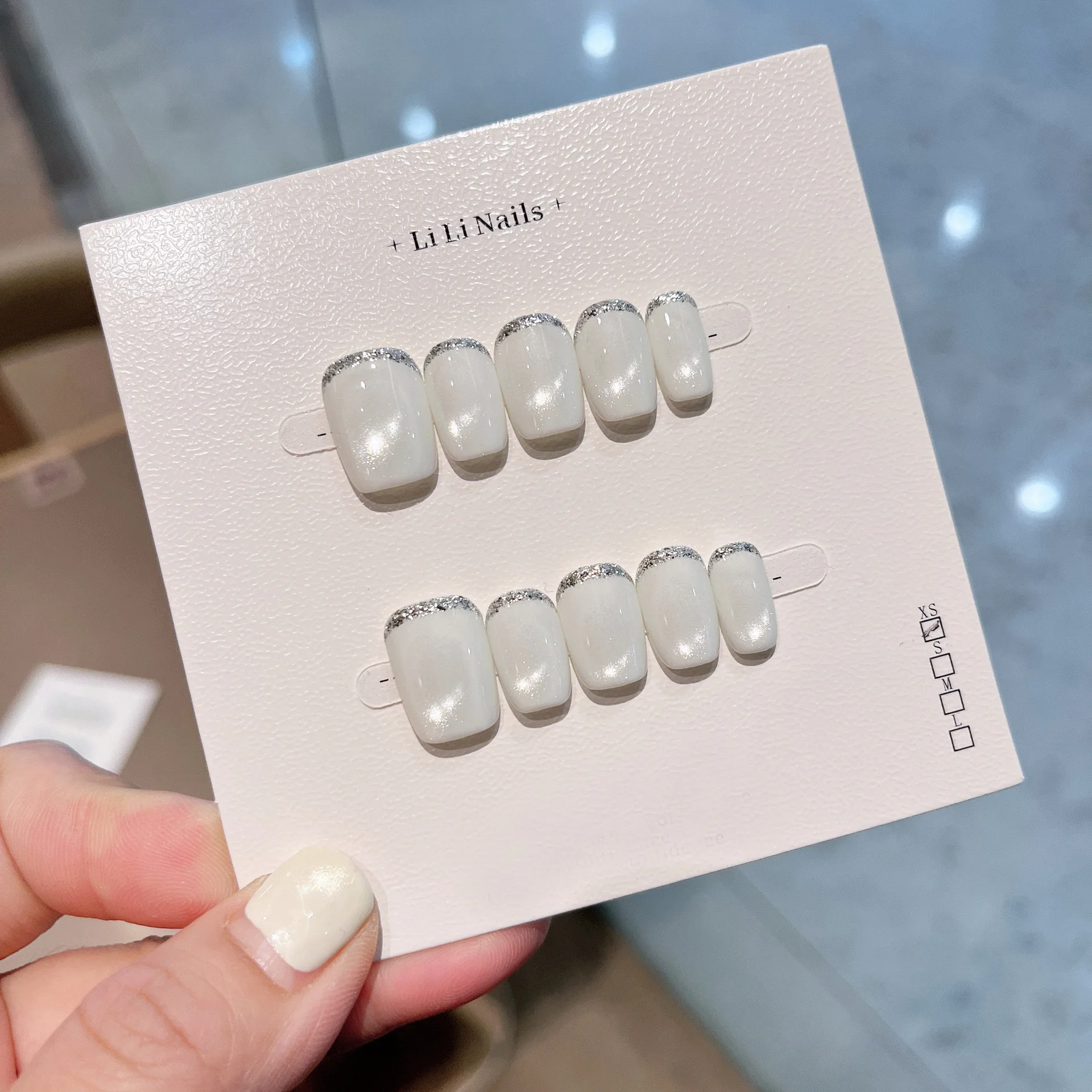 

10pcs White French Cat-Eye Handmade Nails Glass Beads Press on Nail for Women&Girl Short Square Removable Wearable Nail