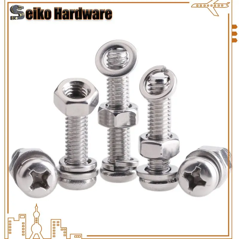 M2M2.5M3M4 Stainless Steel 304 Round Head Cross Screw Nut Gasket Set Complete Spring Pad Combination