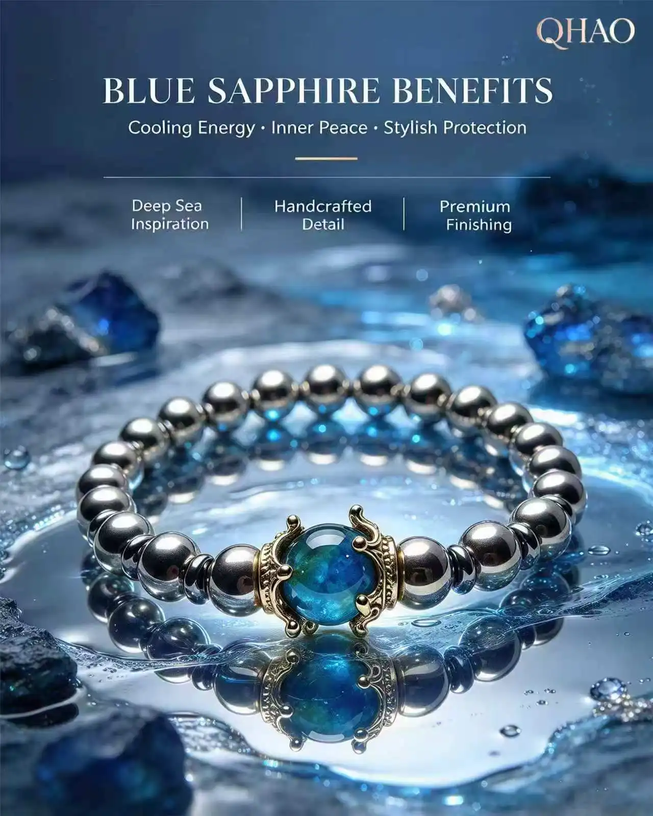 Black Tourmaline Deep Sea Aquamarine Bracelet QHAO Designer Recommended Ocean Guardian Purify Mind
