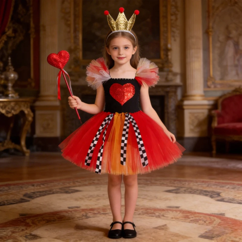Girls Red Queen of Hearts Princess Outfit Carnival Party Costume Kids Christmas Halloween Festive Dress with Crown and Wand