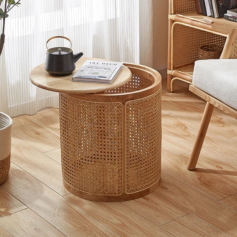 Modern Home Furniture Solid Wood Rattan Woven Coffee Table Living Sofa Room Creative Vintage Tea Table Circular Storage Basket