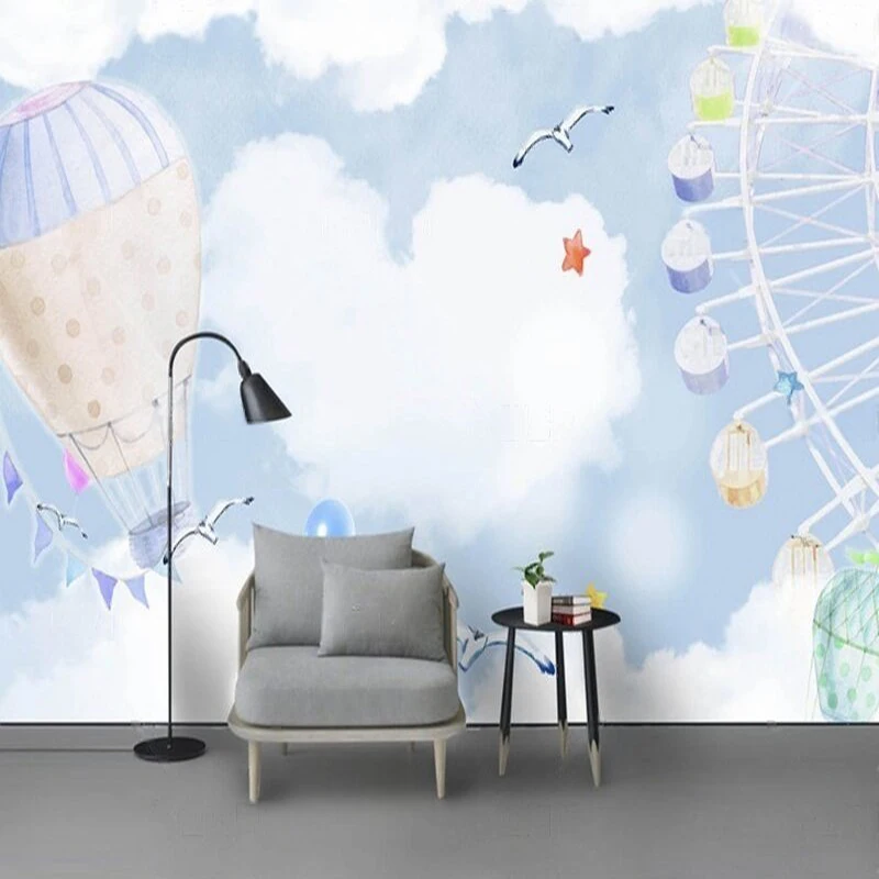 Modern simple and elegant hand-painted cartoon sky balloons children's room TV luxurious home decoration bedroom background wall