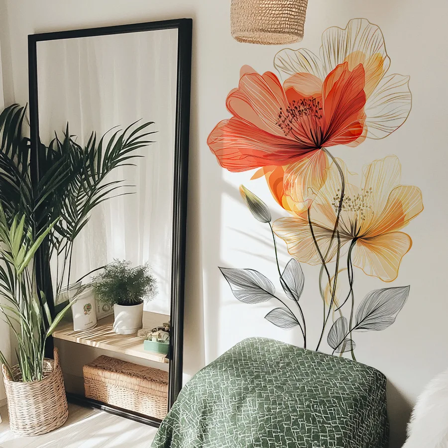 Watercolor Flower Wall Sticker for Living Room Background Decor Decals Bedroom Beautify Home Decoration Self-adhesive Wallpaper