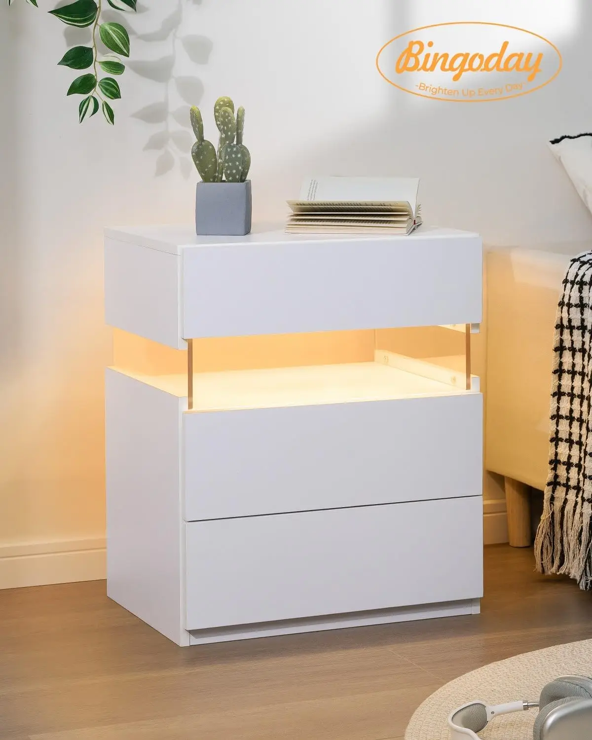 2 LED ナイトスタンド ホワイト 銃引き出し付き ベッドサイド テーブル 2 個セット ホワイト LED ライト 寝室用 ホワイト