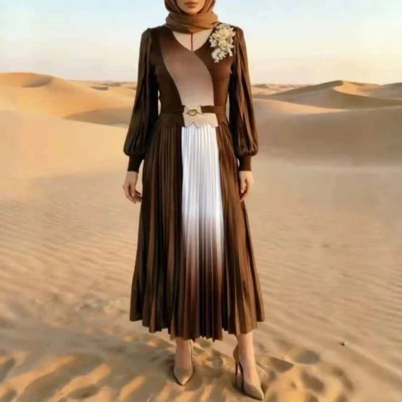 ANLAN New Miyaki Dresses Fashion Gradient Bell Sleeves Woemn's Pleated Long Dress Elastic V Collar Long Sleeve Famale Clothing