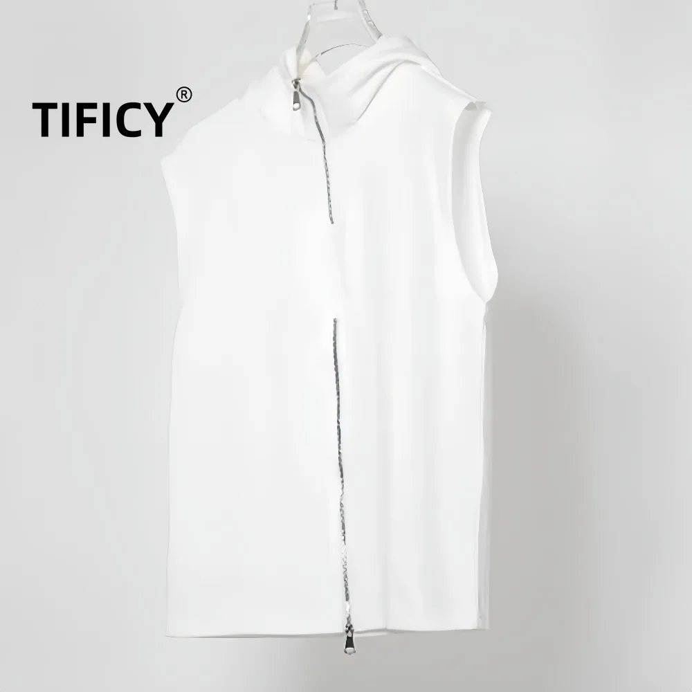 

High Street Double Pull Hooded Sleeveless Tank Men's Inverted Triangle Silhouette Shoulder Length Streetwear Tanks