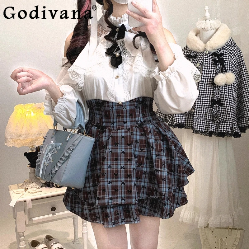 

Оригинальный комплект из рубашки и юбки с длинными рукавами и юбки Sweet Girl's Mine Lolita, весенне-осенние новые женские кружевные топы с открытыми плечами и милым бантом