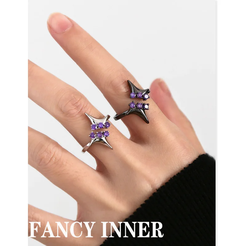 2022 New Star Finger Ring Purple Rhinestones Zircon Hollow Metal Punk Unsex Opening Adjustable Rings for Women Men Jewelry