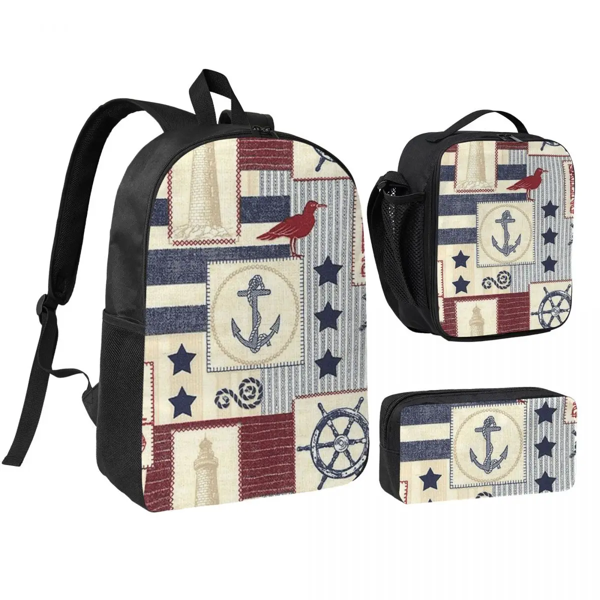 Navy Blue Nautical Anchor-Shaped Backpack Student BookBag School Bag Shoulder Bags 3ps Insulated Lunch Bag Pencil Case