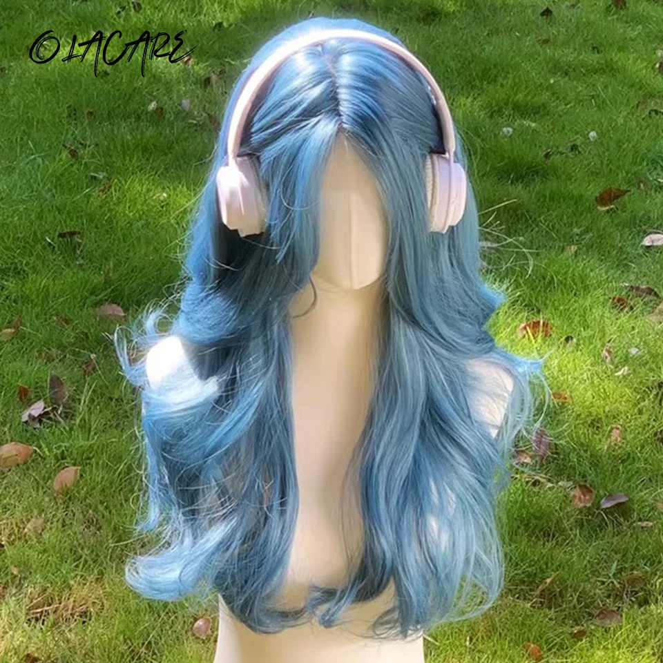 OLACARE Long Curly Wavy Synthetic Blue Wigs with Bangs for Women Body Wave Wigs Cosplay Daily Natural Use Hair Heat Resistant