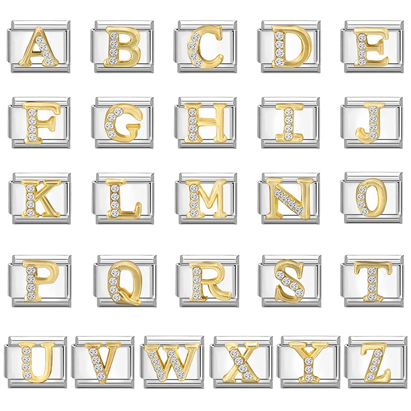 Shiny Zircon 26 English A-Z Capital Letters Gold Color Italian Charm Link Fit 9mm Stainless Steel Bracelet Women Men DIY Making