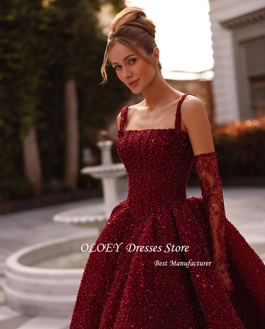 OLOEY Customized Beads Luxurious Women's Evening Dresses for Special Occasions Square Leader Back-length Party Elegant Woman
