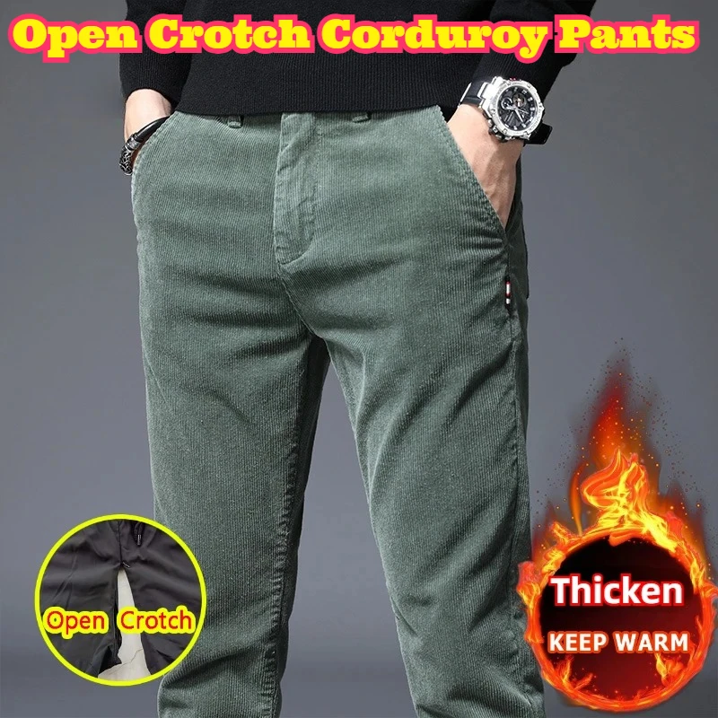

Open Crotch Men Fall Winter Fleece Lined Corduroy Pants Slim Straight Casual Trendy Versatile Soft Warm Comfortable Daily Long