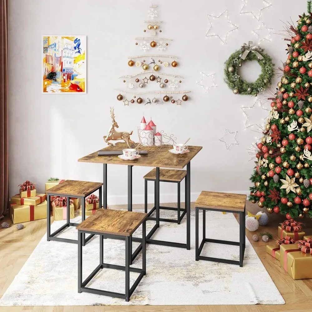 5 Piece Dining Table & Chair Set - Compact Dining Table Sets Small Kitchen Table with 4 Stools for Dining Room Small Space