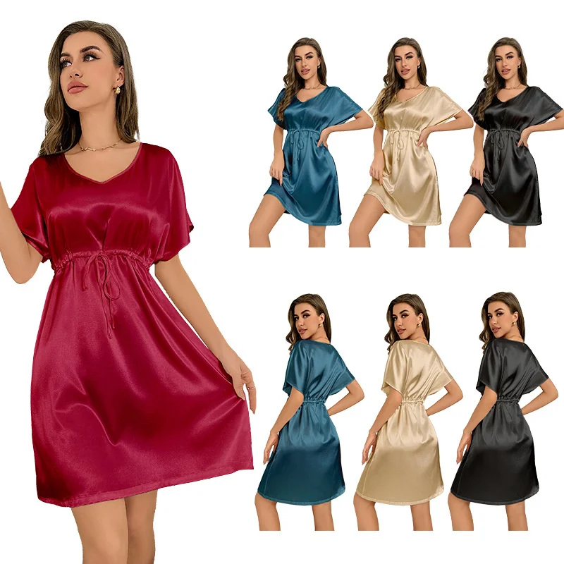 

Nightgown Dress Summer Ice Silk Waist Thin Nightdress Dressing Gown Solid Sleepwear Women Silky Satin Bathrobe Lounge wear