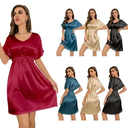 Nightgown Dress Summer Ice Silk Waist Thin Nightdress Dressing Gown Solid Sleepwear Women Silky Satin Bathrobe Lounge wear