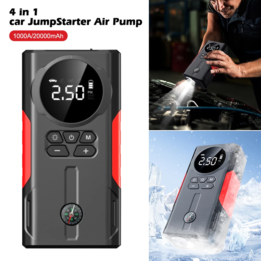 120W 1000A Car Jump Starter Power Bank 4 In 1 Air Compressor Tire Inflator 20000mAh Portable Battery Booster