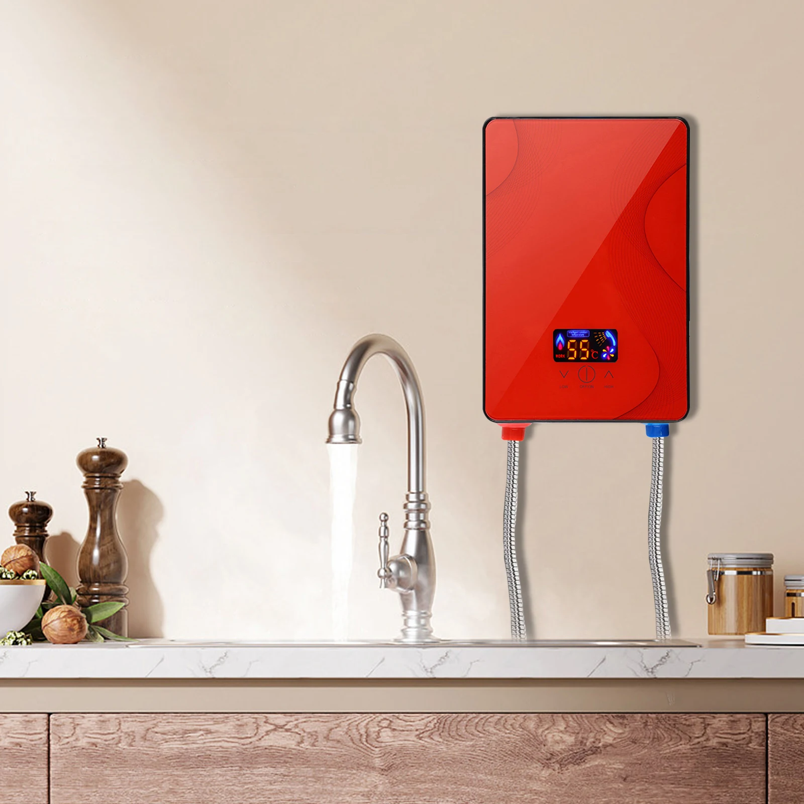 6500W Electric Water Heater Red DSK-65 Instant Hot Water Heater with LEDDisplay Screen IPX4 Adjustable Temperature 0.2-0.6MPa