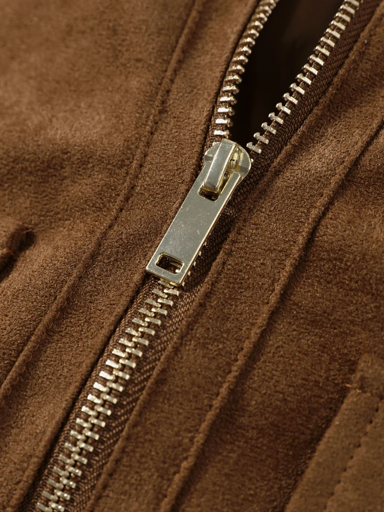 2026 Herbst Vintage Wildleder Damenjacke Langarm Revers Reißverschluss Tasche Stehkragen Kurzer Damenmantel Modische Streetwear-Oberbekleidung – Detail 5