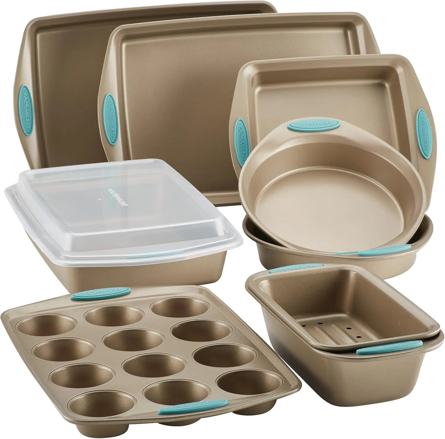 

10-Piece Nonstick Bakeware Set with Silicone Grips, Includes Bread Pan, Baking Sheets, Cake Pans & More in Latte Brown