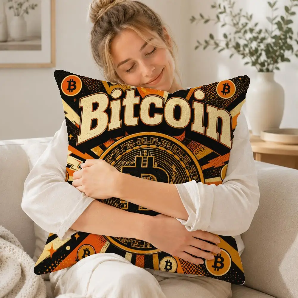 Symbol Bitcoin Cushion Cover Linen Cushion Cover, Double-Sided Printed Pillow Cover for Sofa Home Decor