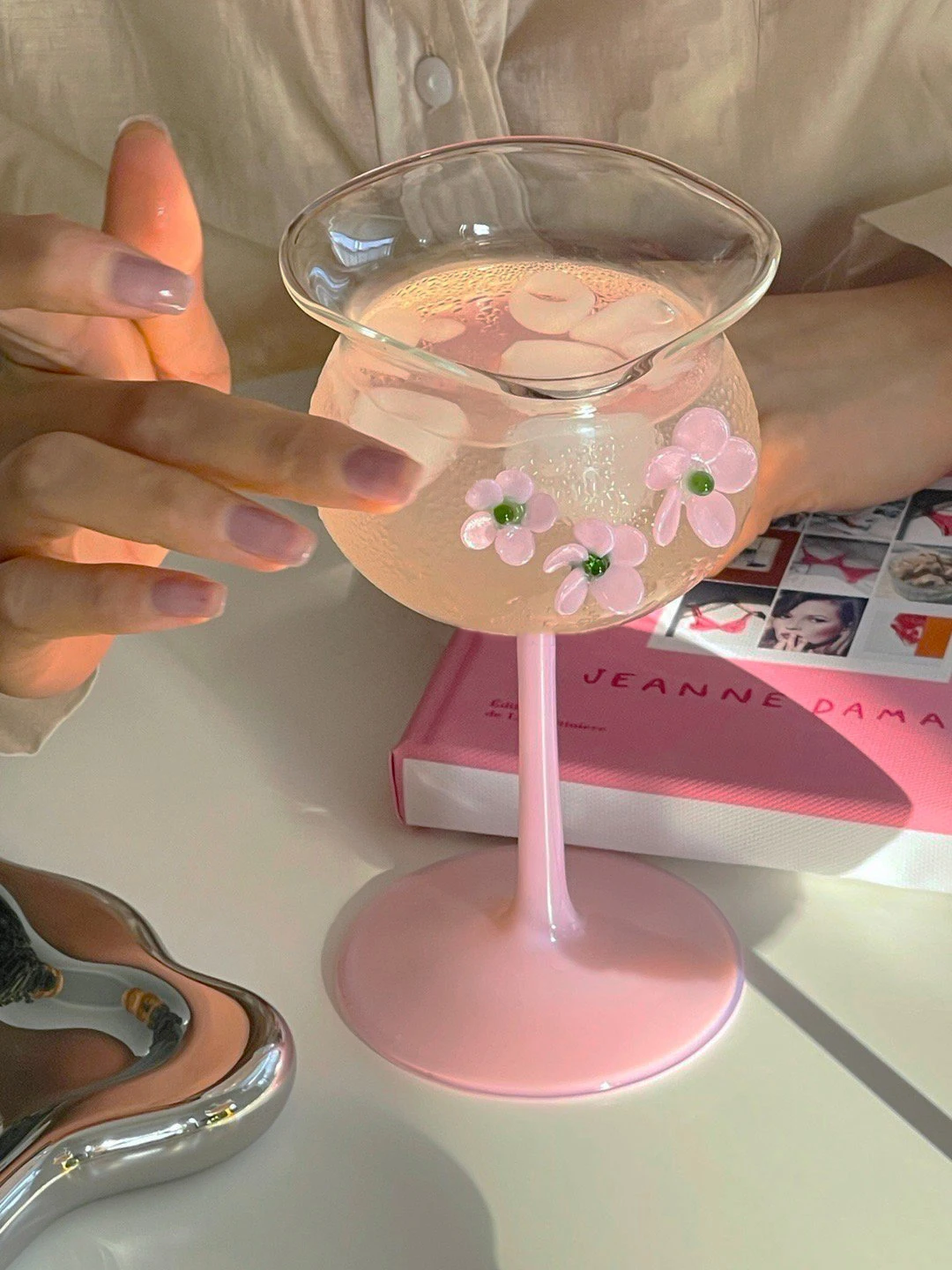 Creative Colorful Tumbler Glass Cup Three-Dimensional Floral Embellishment Stemglass Tute Flower Glass Cocktail Champagne