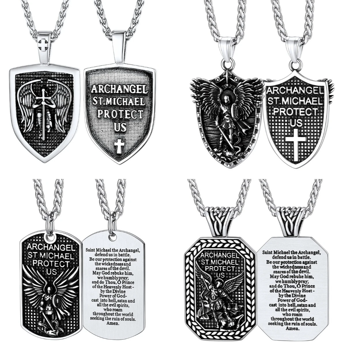 U7 Stainless Steel Archangel St. Michael Necklace Patron Saint of Police Sword Cross Shield Tag Rectangle Amulet Unisex Jewelry