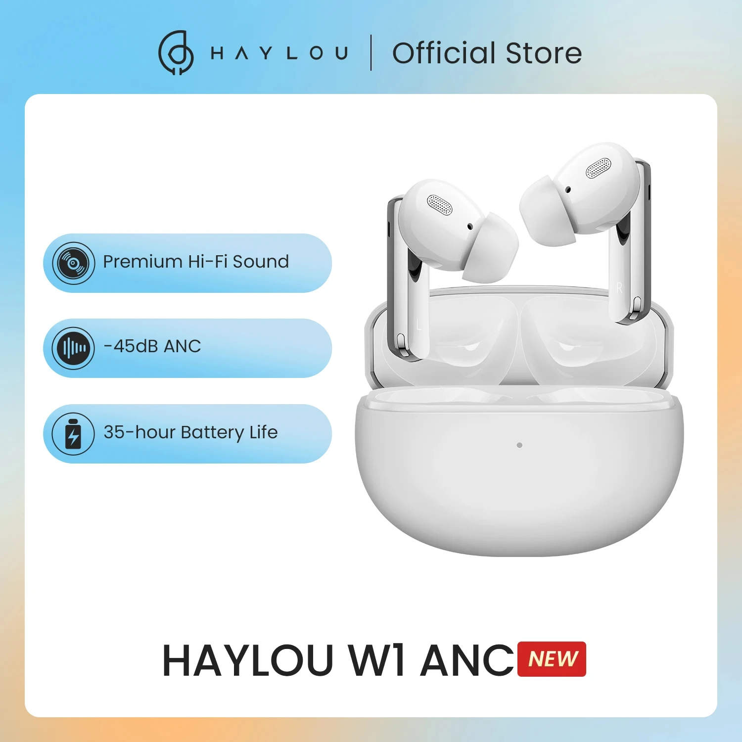 HAYLOU W1 ANC True Wireless Earbuds -45dB ANC Bluetooth 5.3 Headset Premium Hi-Fi Sound 35-hour Battery Life Wireless Headphones