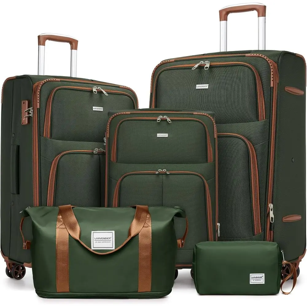 

5-Piece Expandable Suitcase Set with Spinner Wheels, TSA Lock, Lightweight, Ideal for Men and Women, Green/Brown