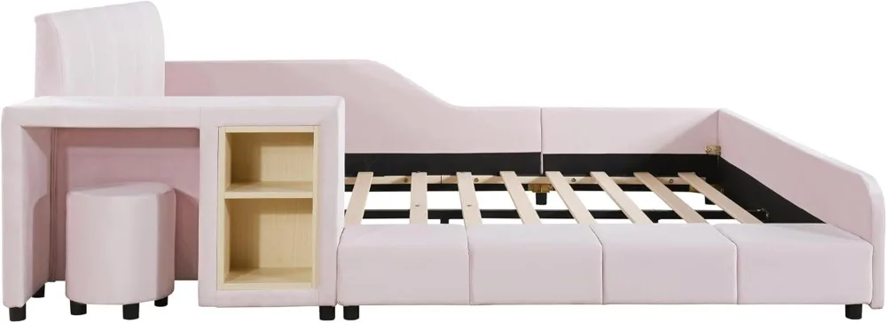 Tamanho completo moderno estofados terra cama, tecido de veludo, piso plataforma cama com mesa de cabeceira, mãe e filho cama