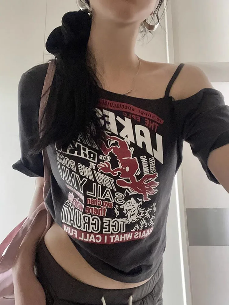 Gothic Tee Y2k Letter Print Off Shoulder Punk T-shirts Women