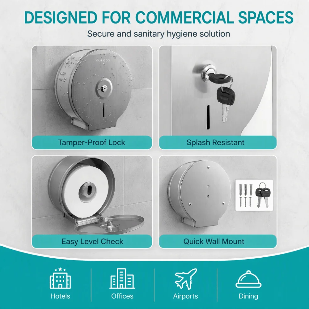 Stainless Steel Toilet Paper Dispenser 9 Inch Roll Lockable With Key Toilet Paper Holder Industrial Grade Brushed Finish