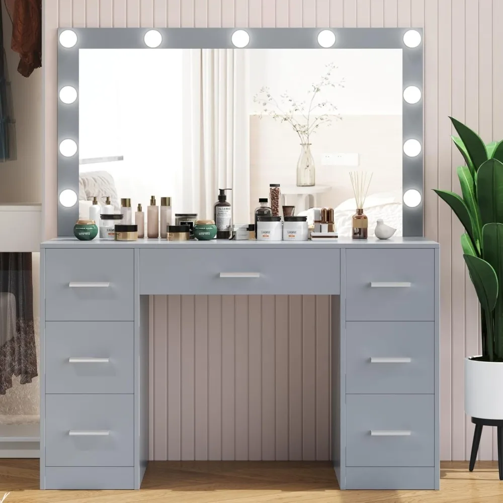 

Vanity Table, Makeup Table with Lighted Mirror, 3Color Lighting Modes, Brightness Adjustable, Dressing Table with Drawers,Vanity