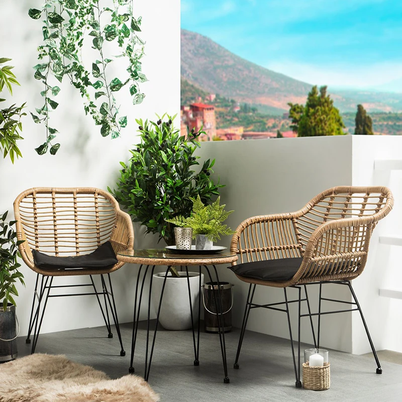 

ins rattan chair outdoor balcony three-piece set household wrought iron rattan leisure chair solid wood table courtyard simple h