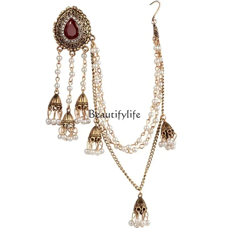 Exotic earrings retro ethnic style long diamond-encrusted pearl fringed earrings accessories