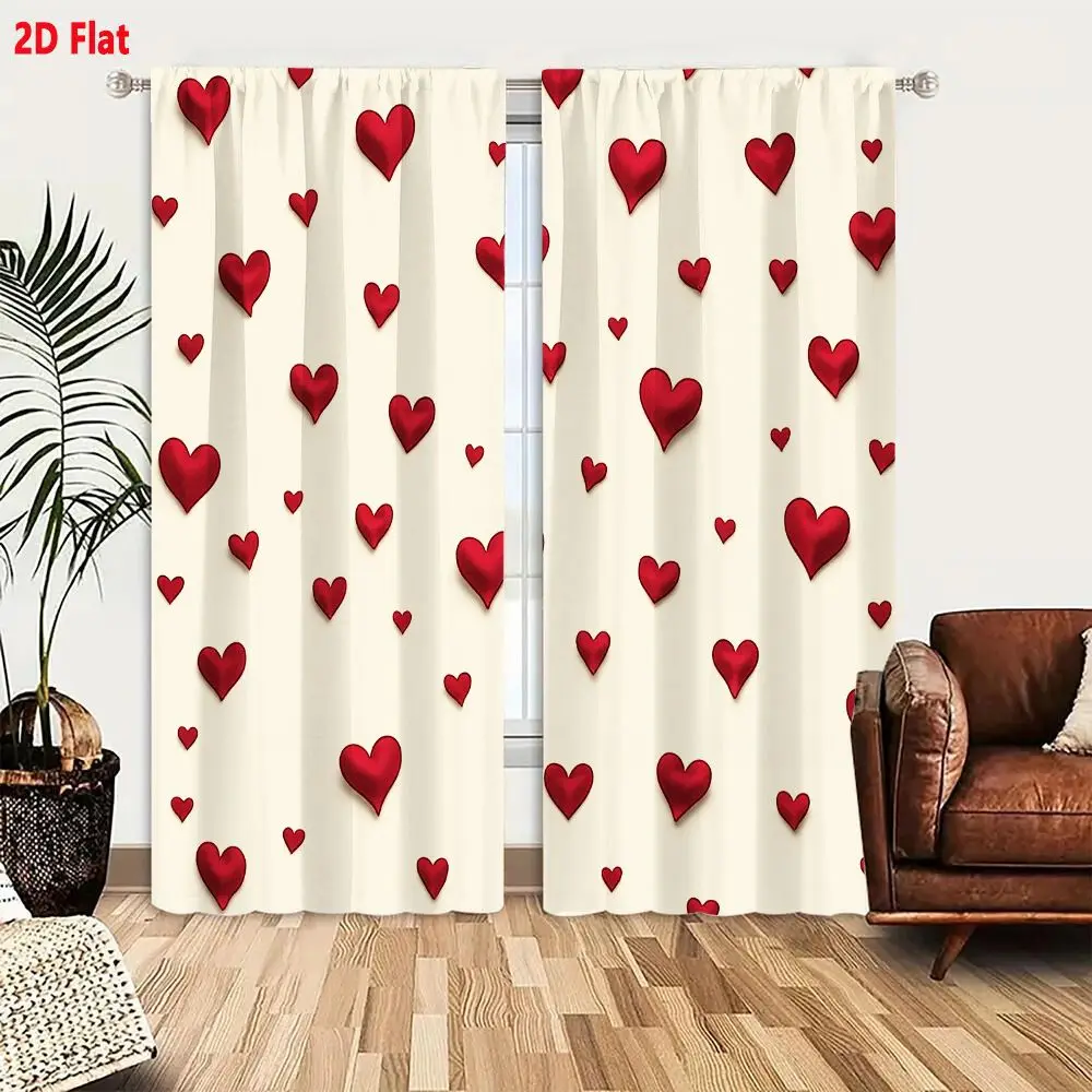 2Pcs Curtains 2D Flat Red Hearts Seamless Pattern On Soft Beige Background For Wallpaper And Fabric Window Drapes for Bedroom Ro