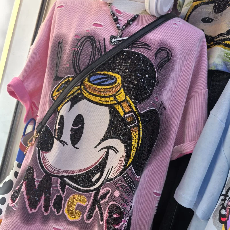 European Style Kawaii T-shirt Heavy Industry Sequins Cartoon Beads Embroidered Short-sleeved Tshirts Loose Versatile Women's Top
