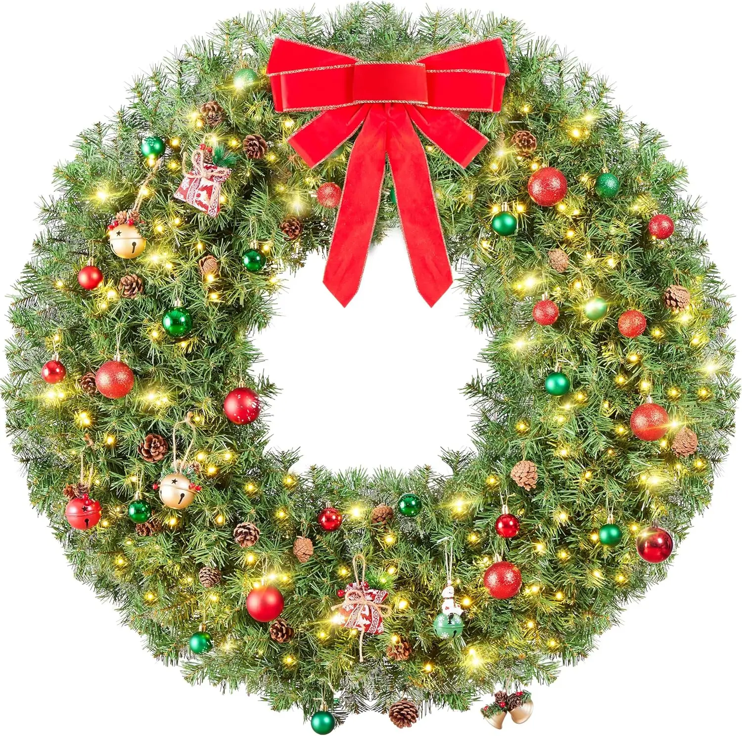 إكليل عيد الميلاد الاصطناعي الكبير مقاس 48 بوصة من Yaheetech، زينة للعطلات مضاءة مسبقًا مع قوس أحمر، 200 مصباح LED ونصائح 720 PVC