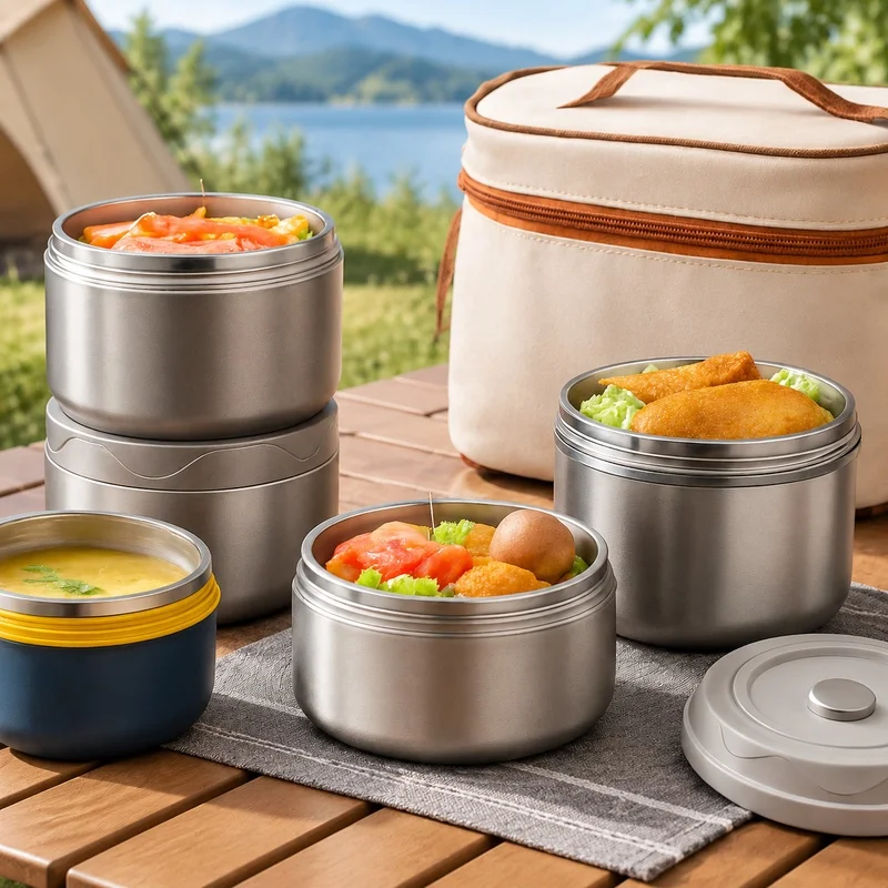 Portable 304 Stainless Steel Food Storage Box with Dual-Layer Insulation and Carrying Pouch for Work and Study