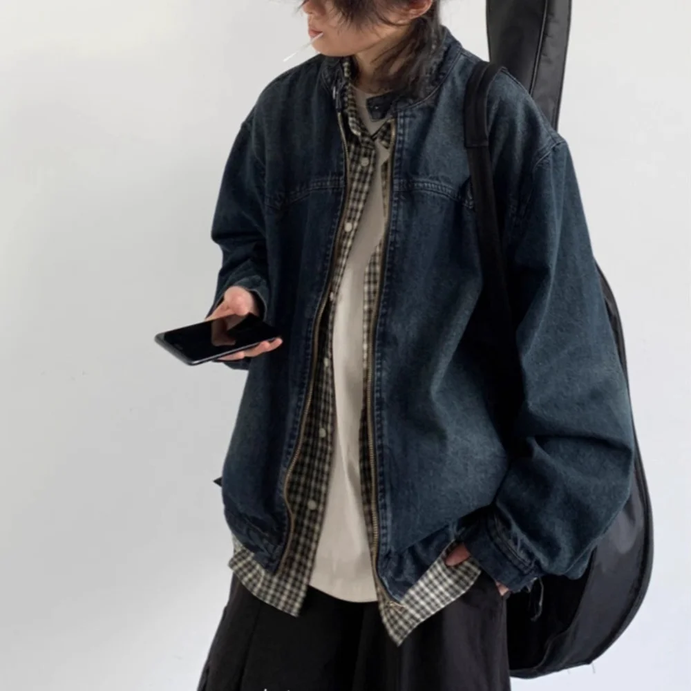 American Retro Washing Work Clothes Denim Jacket Spring Autumn Simple Street Casual Trend Niche Stand Collar Jacket Aesthetic