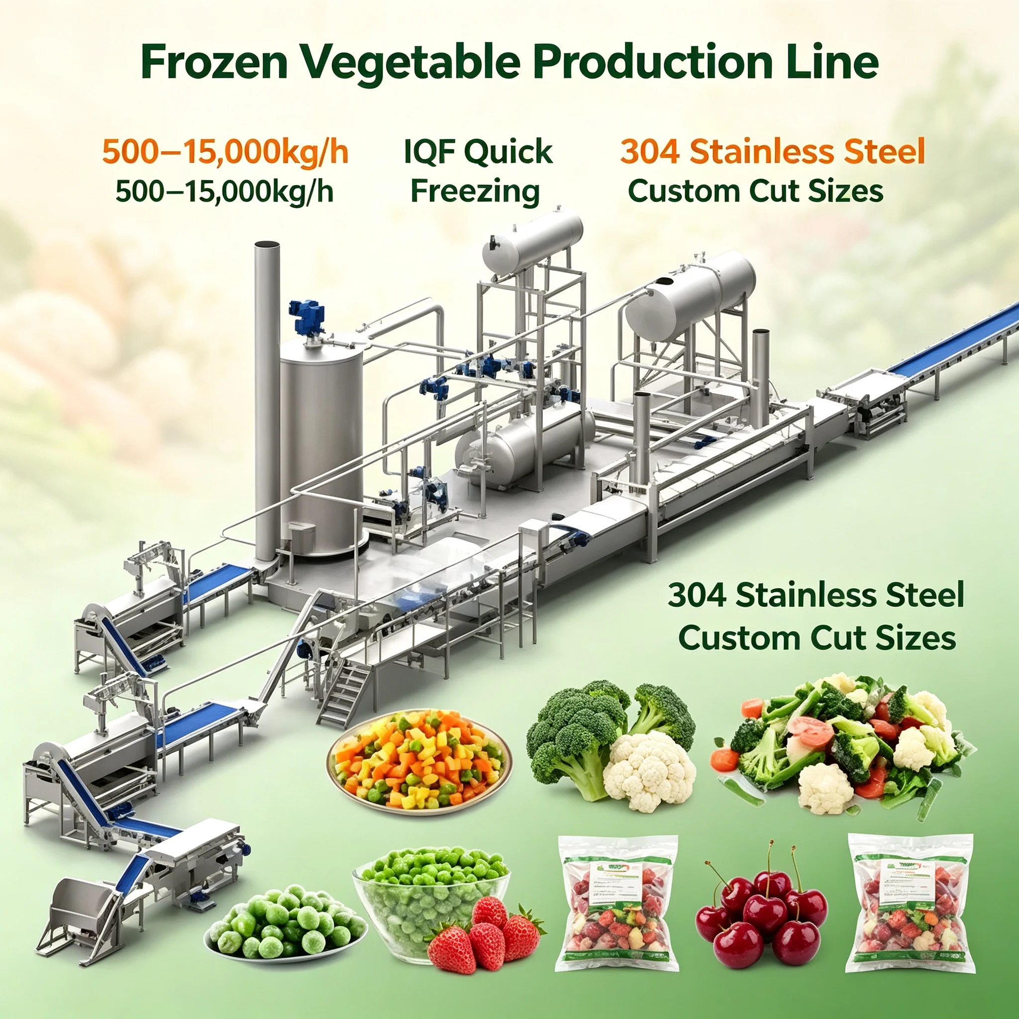 International Standard Certified Device For IQF Frozen Vegetable Production Line Export Fruit Vegetable Frozen Food Processing