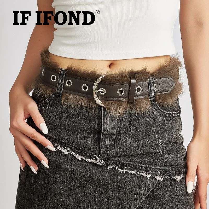 IF IFND American-Style Edgy Wide Faux Fur Waist Cinch Fashionable Trendy High-End Beaded Niche Leather Belt for Women