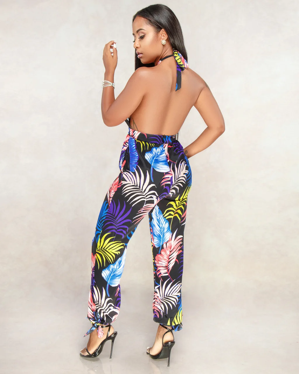 Women's Sexy Backless Suspender Jumpsuits Elegant And Fashionable Multi-Color Leaf Print Jumpsuits Painted Corset Tie-Up Trendy