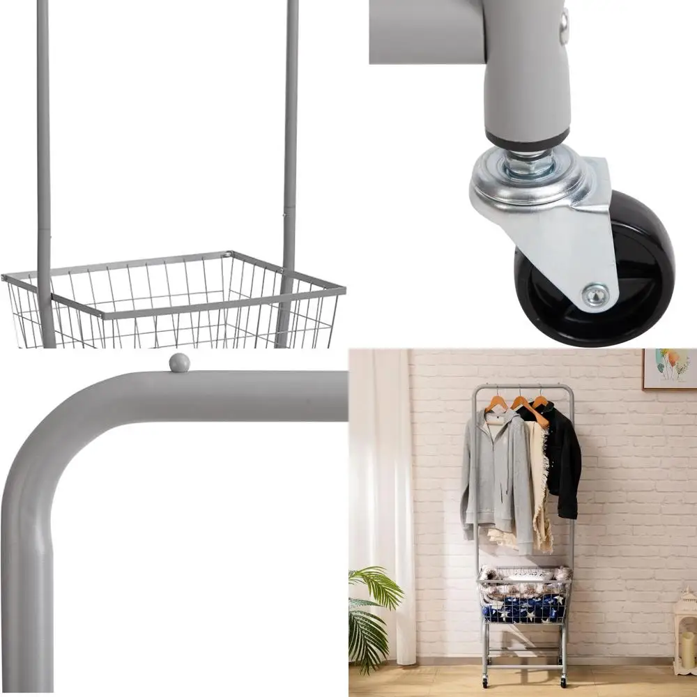 

Серая тележка для белья на колесиках с проволочной вешалкой для одежды для хранения и транспортировки