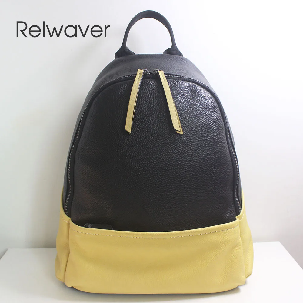 

Relwaver genuine leather backpack yellow contrast black women backpack 2024 summer soft fashion school bag big travel backpack