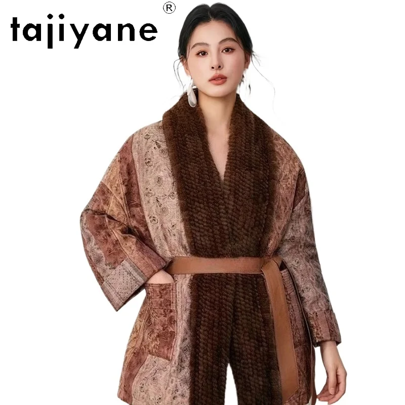 타지야네 90% 거위털 코트 여성 밍크 퍼 칼라 패딩 재킷 우아한 자카드 벨트 코트 2025 겨울 여성 의류