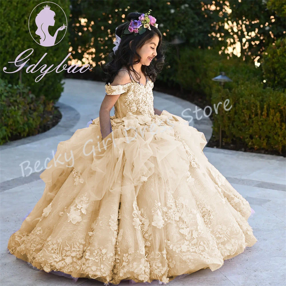 

Customized Champagne Flower Girl Dresses For Wedding Lace 3D Floral Graceful Princess Birthday Party First Communion Prom Gown